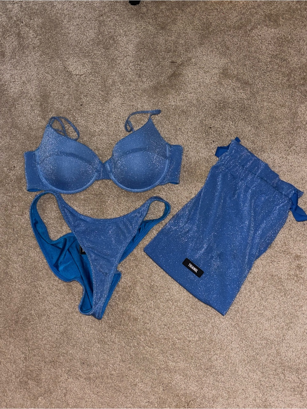 Triangle Blue Shimmer Bikini Set with Matching Pouch Size M
